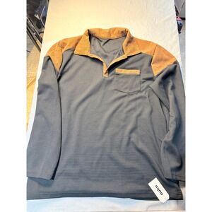 Ouku Mens Waffle Knit Long Sleeve Polo Shirt Corduroy Trim Charcoal Grey Tan L